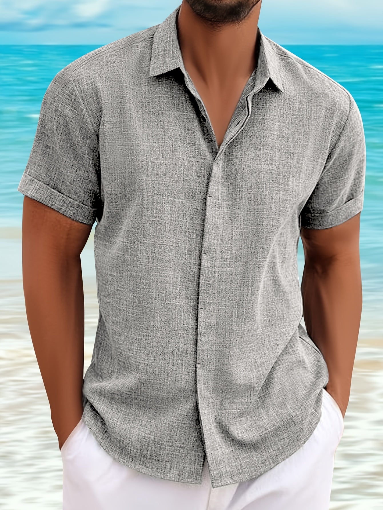 Casual Short-Sleeved Blue Linen Shirt for Men, Featuring an Invisible Button-Up Design, Perfect for Summer Weddings at The Beach.