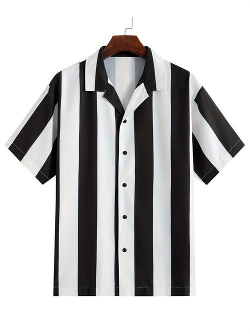 1pc Men'S Summer Casual Striped Button- Shirt - Short Sleeve, Regular Fit, Polyester Woven Fabric, Non-Stretch, Lapel Collar, Placket, for Daily & Outdoor Activities, Hiking, Weekend - Woven Fabric Weight 125g\u002Fm²