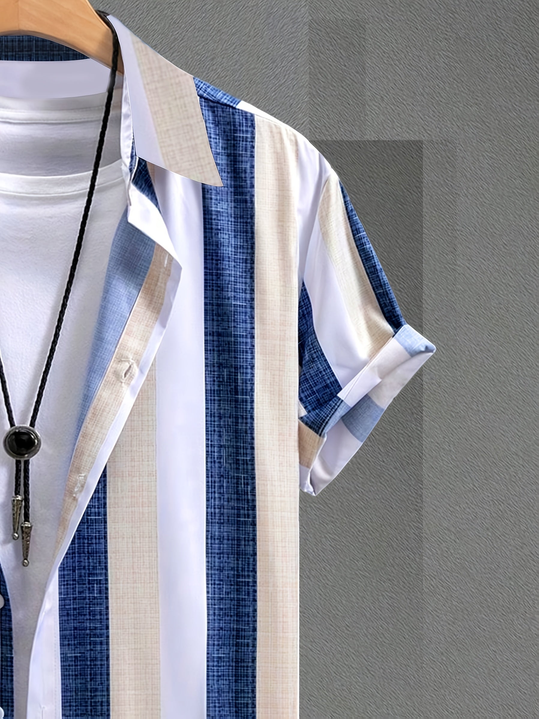 Men's Summer Casual Striped Button-Up Shirt - Short Sleeve, Lightweight & Breathable for Outdoor Activities, Beach, and Casual Attire, Beach Clothes, Beach Apparel, Classic Collar, Durable Clothing