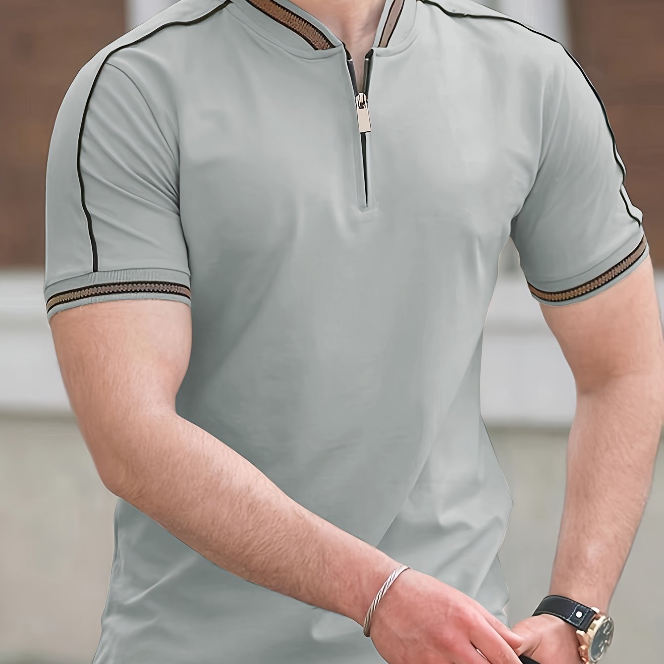 Men'S Casual Short Sleeve Polo Shirt - Beige with Black Side Stripes, Comfortable Breathable Fabric, Mandarin Collar, Zipper Detail, Perfect for Sports, Outdoor Activities & Casual Wear, Sports Casual Wear | Minimalist Design | Comfortable Fit