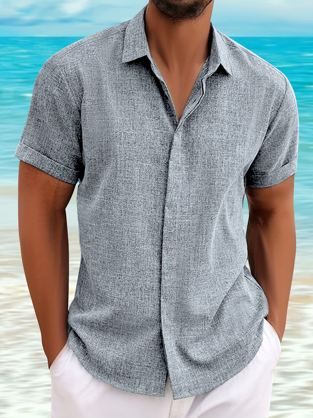 Casual Short-Sleeved Blue Linen Shirt for Men, Featuring an Invisible Button-Up Design, Perfect for Summer Weddings at The Beach.
